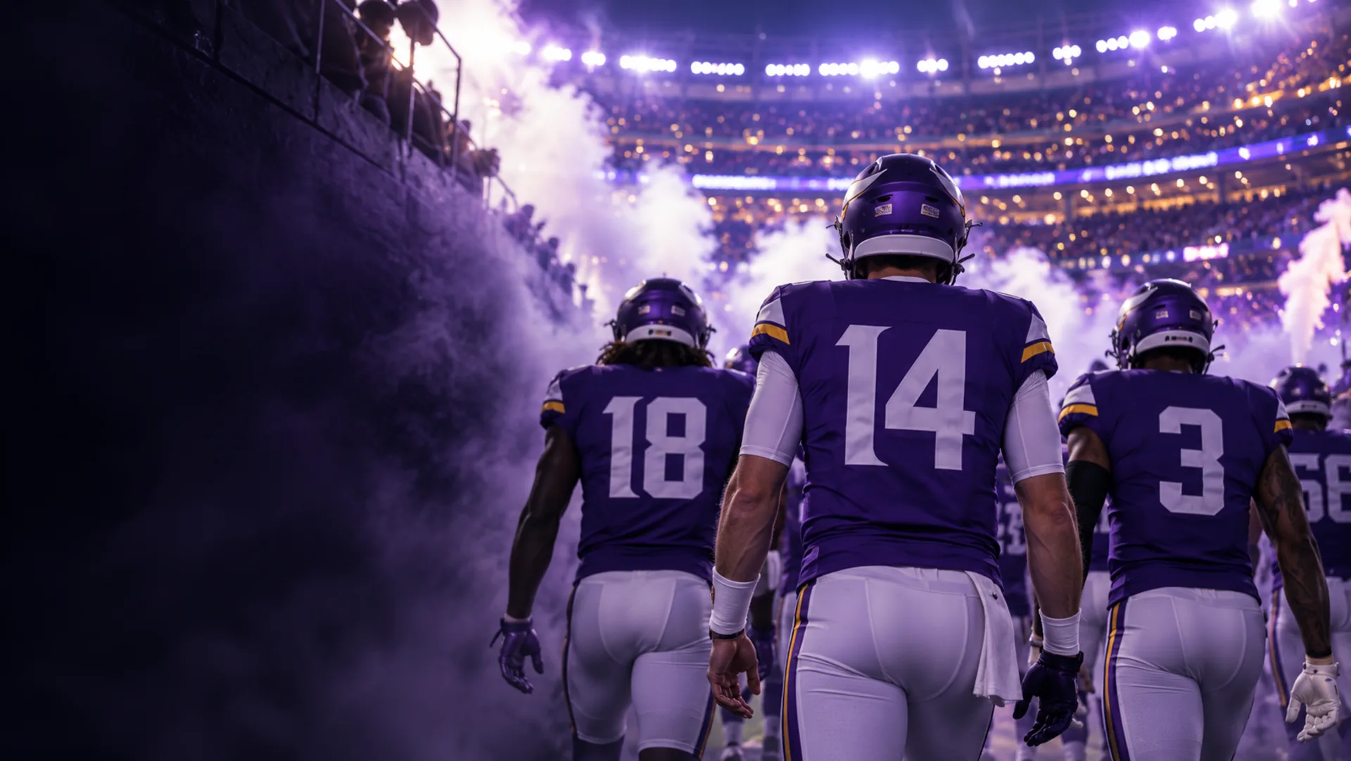 Vikings players walking out of the tunnel at U.S. Bank Stadium