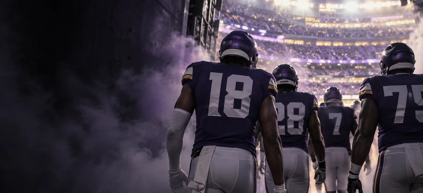 A team walking out of the tunnel into a packed, brightly lit NFL stadium